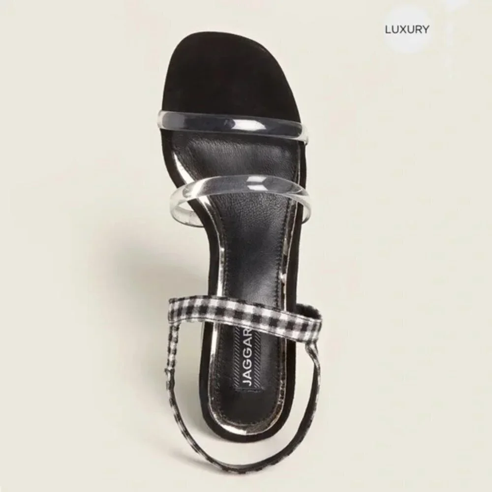 JAGGAR Black & White Candy Gingham Slingback Block Heel Summer Sandals
